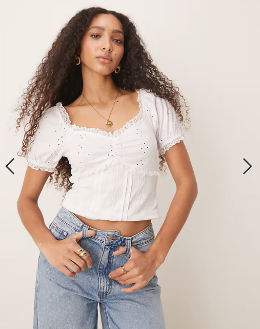 ASOS DESIGN puff sleeve broderie milkmaid top with lace trim in white