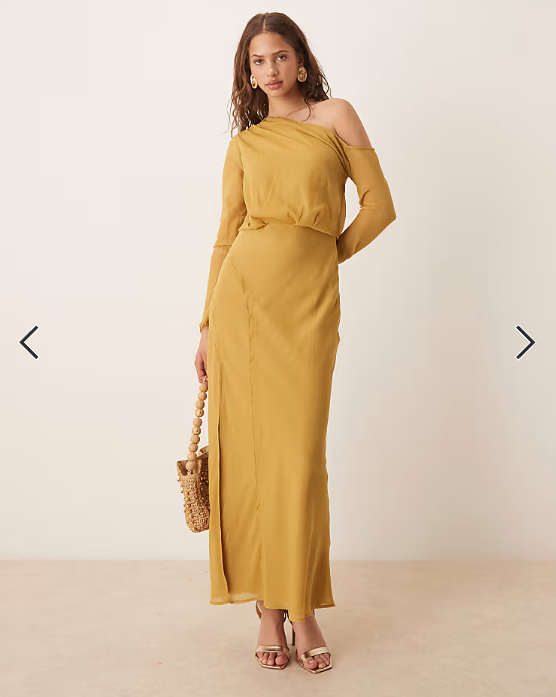 ASOS DESIGN fallen shoulder midi dress with seaming details and tie belt in mustard gold