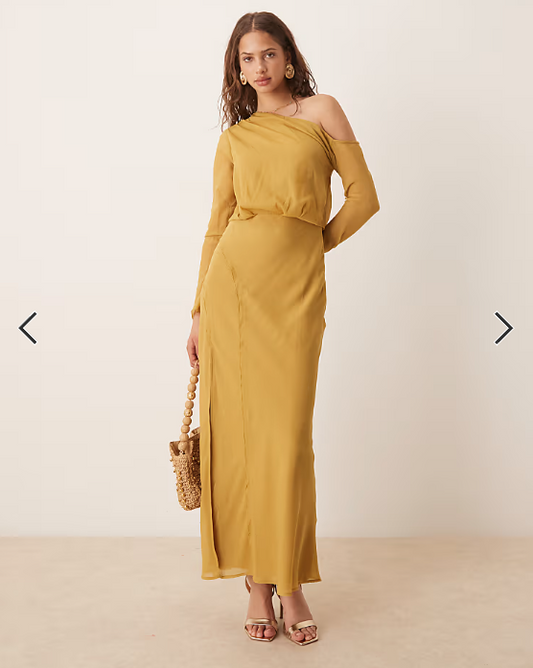 ASOS DESIGN fallen shoulder midi dress with seaming details and tie belt in mustard gold