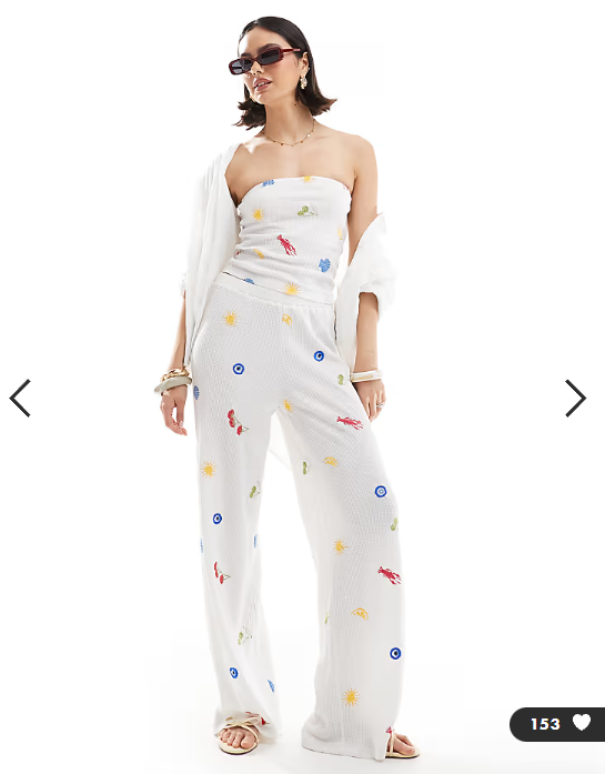 ASOS DESIGN straight leg trouser co-ord with holiday embroidered in white
