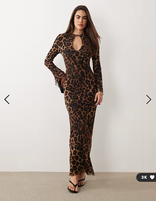 ASOS DESIGN printed mesh asymmetrical angel sleeve maxi dress in leopard
