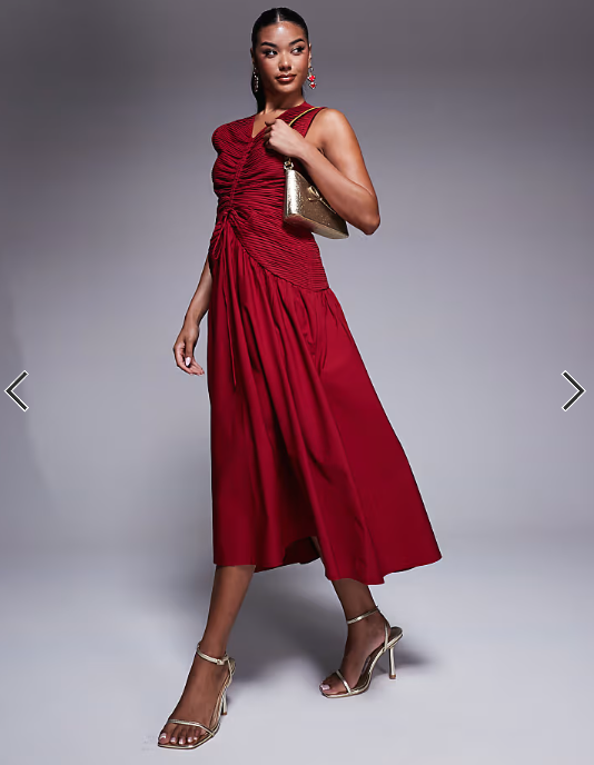 ASOS DESIGN midi dress with ruched bodice and centre channel detail in red