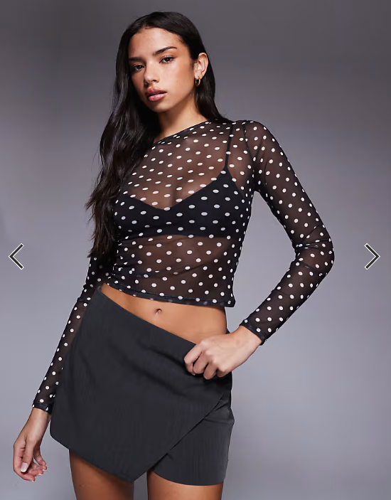 ASOS DESIGN mesh long sleeve top in black and white polka dot