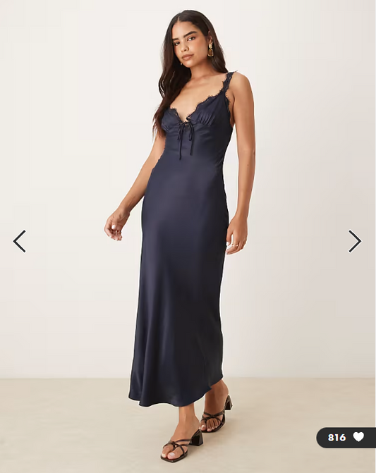 ASOS DESIGN lace trim satin slip maxi dress in navy