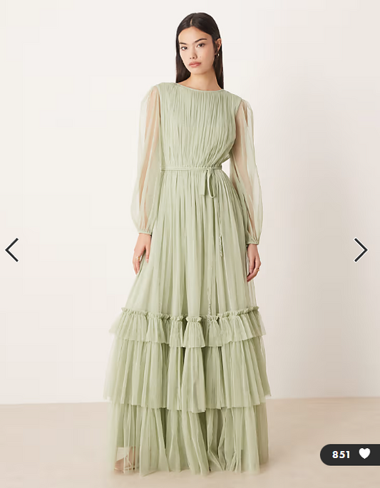 Lace & Beads Bridesmaid crew neck sheer sleeve tiered maxi dress in sage green