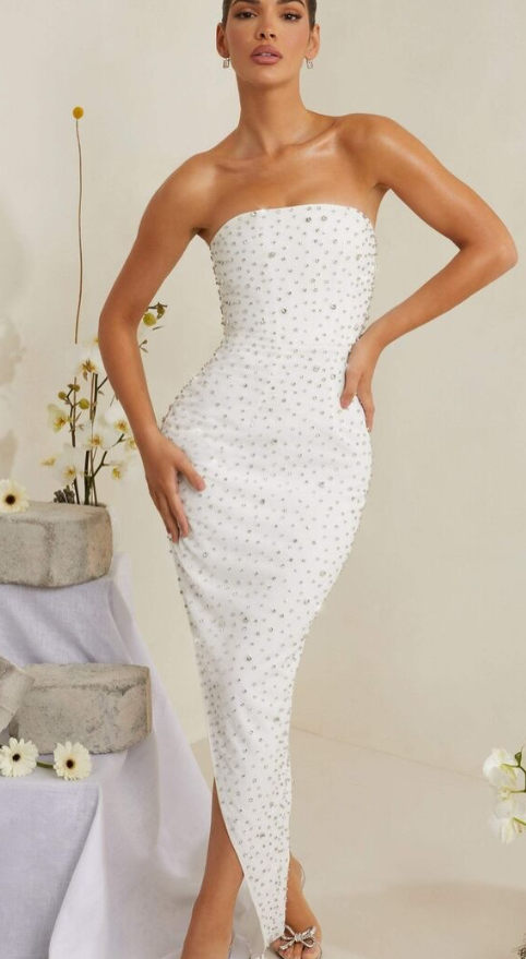 OhPolly- Embellished Asymmetric Midi Dress in White