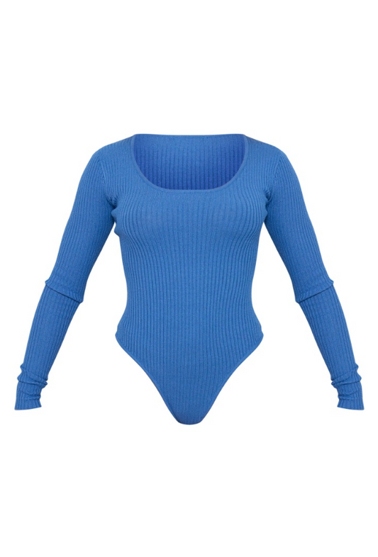 Blue Knitted Ribbed Scoop Neck Bodysuit