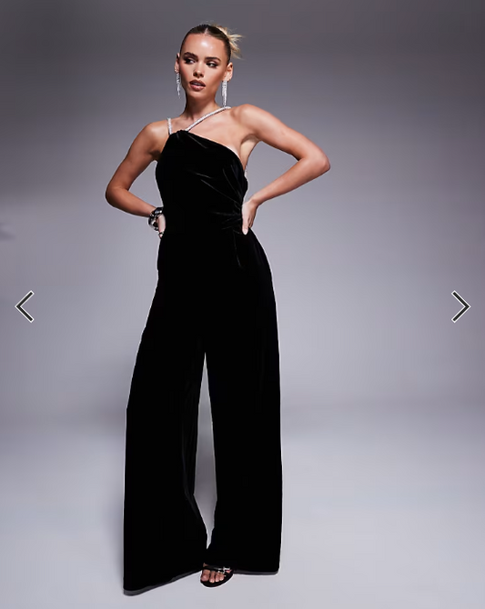 Forever New Petite diamante embellished one shoulder jumpsuit in black