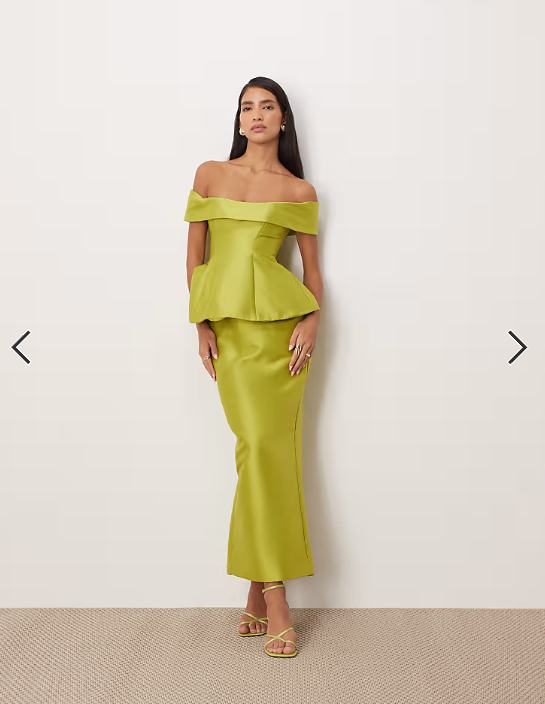ARRANGE structured off the shoulder satin maxi dress in lime