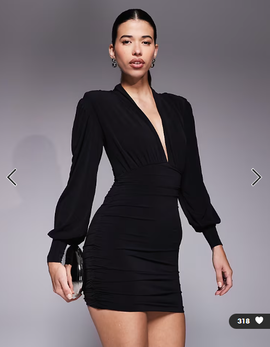 Ruched & Ready Focus On Me removable shoulder pad detail sculpting plunge neck balloon sleeve mini dress in black