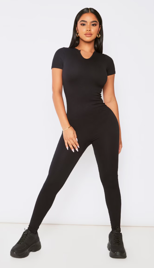 Petite Black Structured Snatched Rib V Neck Short Sleeve Jumpsuit