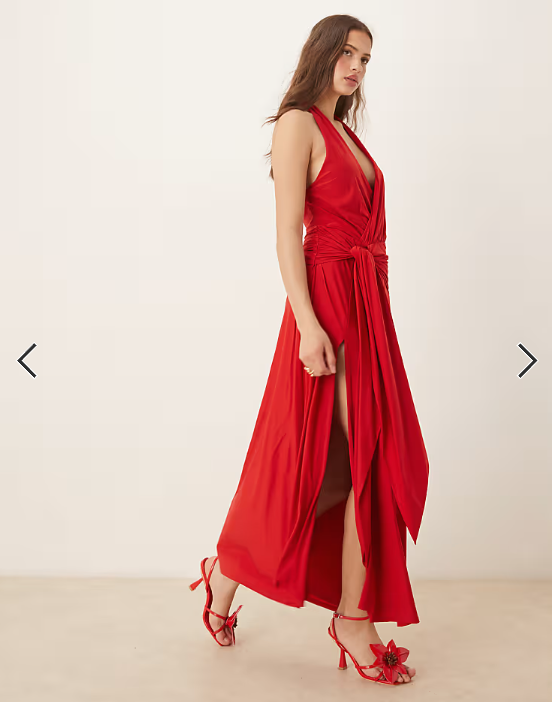 Abercrombie & Fitch halter neck elevated jersey knot front maxi dress in red