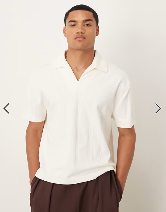 ASOS DESIGN relaxed revere collar boxy polo in cream textured rib