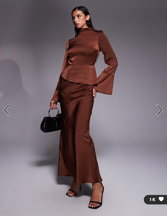 ASOS DESIGN fluted sleeve peplum maxi dress in chocolate