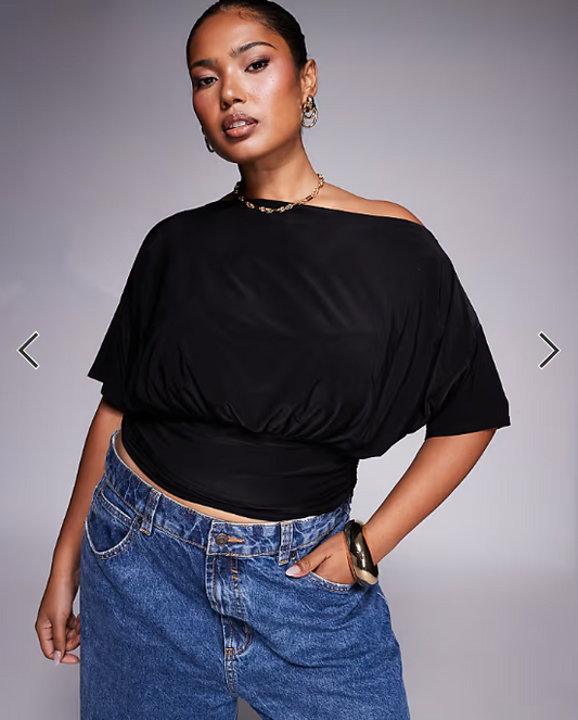 ASOS DESIGN Curve asymmetric one shoulder short sleeve top with cinch waist detail in black