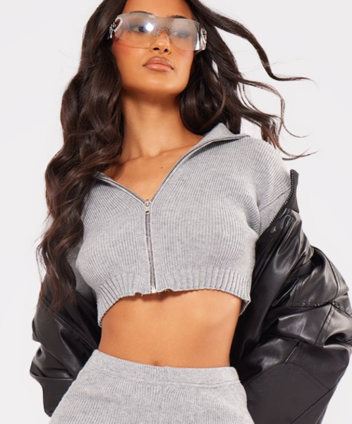 Plt - Petite Ash Grey Knitted Zip Up Cardigan