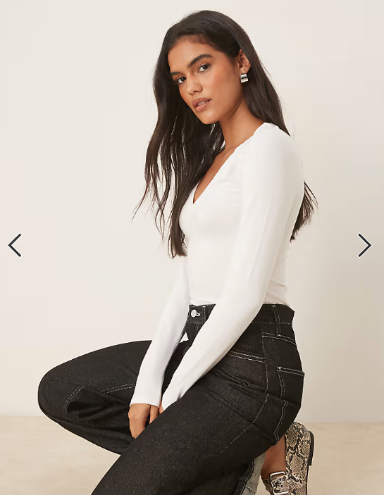 ASOS DESIGN basic long sleeve v neck fitted top in white
