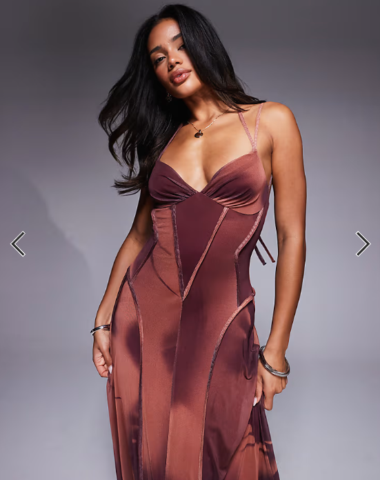 ASOS DESIGN printed mesh maxi dress with exposed seam detail in brown blurred floral print