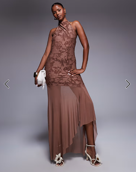 ASOS DESIGN highneck maxi dress with sheer skirt in brown