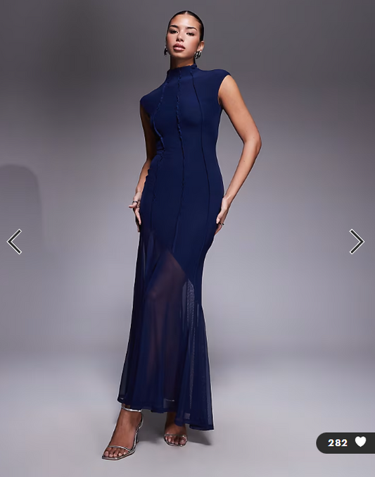 ASOS DESIGN mesh high neck maxi dress with exposed contour seam detail in navy