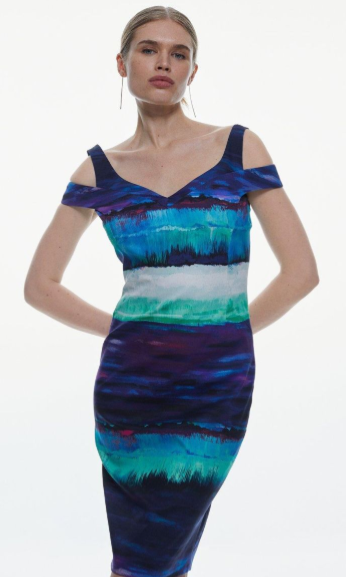 Painterly Stripe Strap Detail Pencil Midi Dress