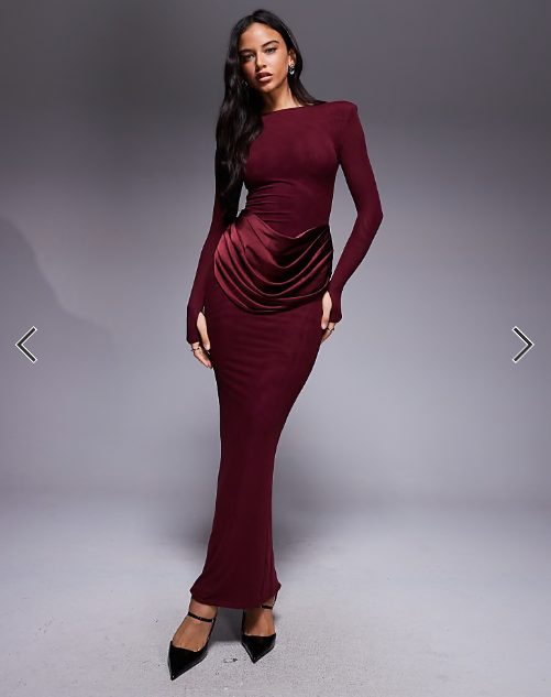 Wanderdoll Eman slash neck satin drape waist detail long sleeve bodycon maxi dress in berry