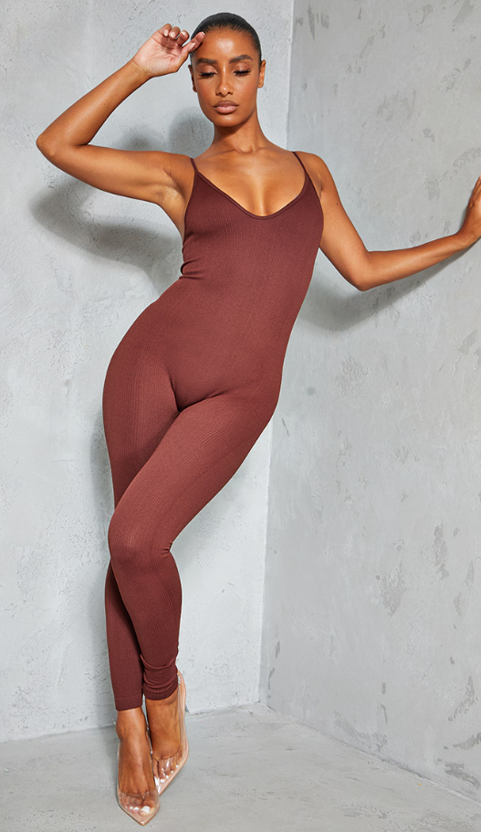 Chocolate Structured Snatched Rib Strappy Plunge Jumpsuit