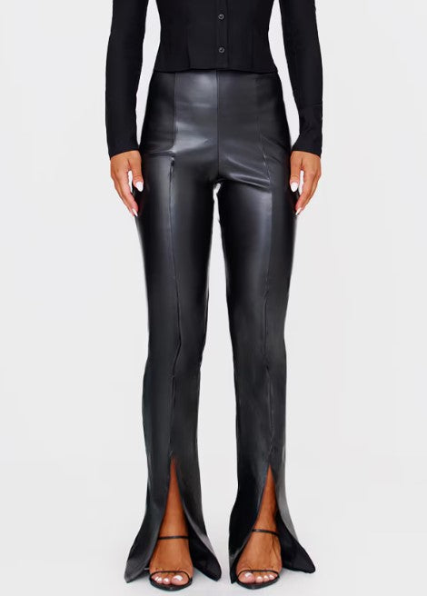 Black Faux Leather Seam Detail Split Hem Trousers