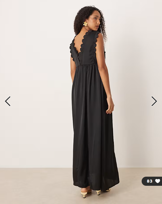 YAS plunge front scallop edge detail satin maxi dress in black