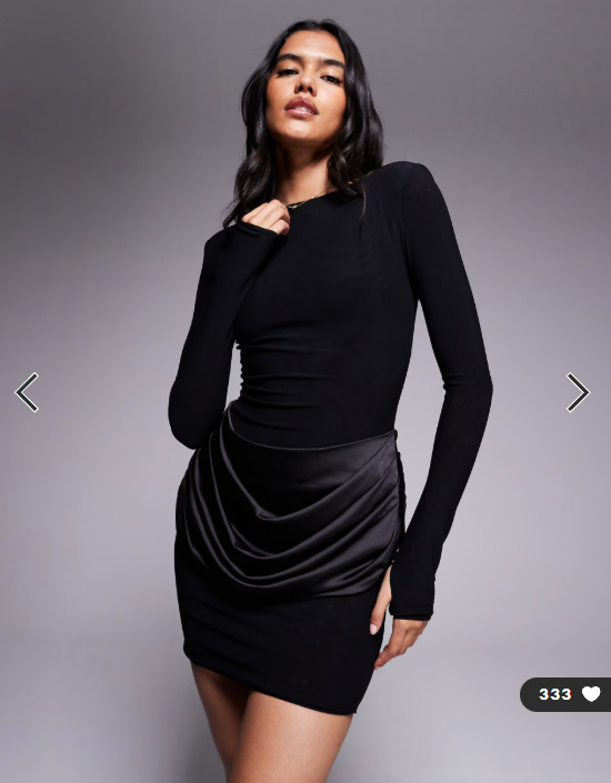 Wanderdoll Storm sculpting shoulder pad detail satin drape waist mini dress in black