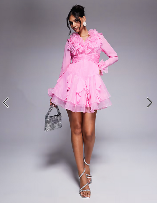 ASOS LUXE organza long sleeve exaggerated ruffle mini dress in Pink