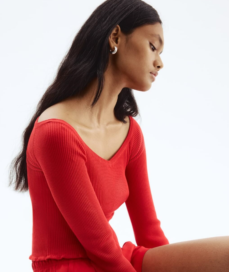 H&M-RIB-KNIT OFF-THE-SHOULDER TOP