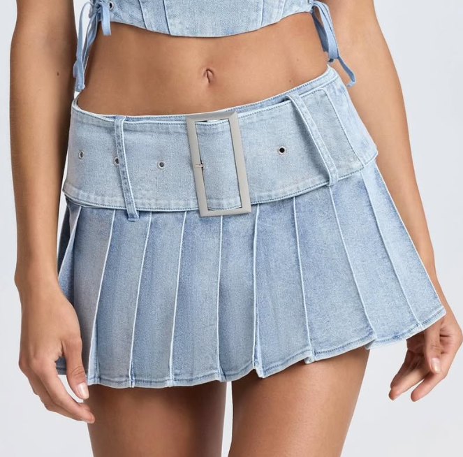 OhPolly-Belted Pleated Low-Rise Micro Mini Skirt in Light Blue Stonewash