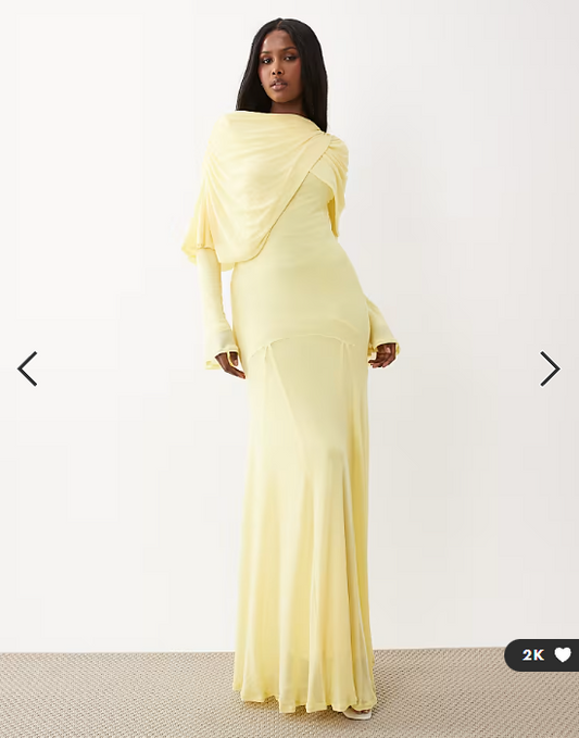 ASOS DESIGN modesty mesh maxi dress with overlay draped neckline detail in lemon