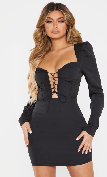 Black Lace Up Cup Detail Long Sleeve Bodycon Dress