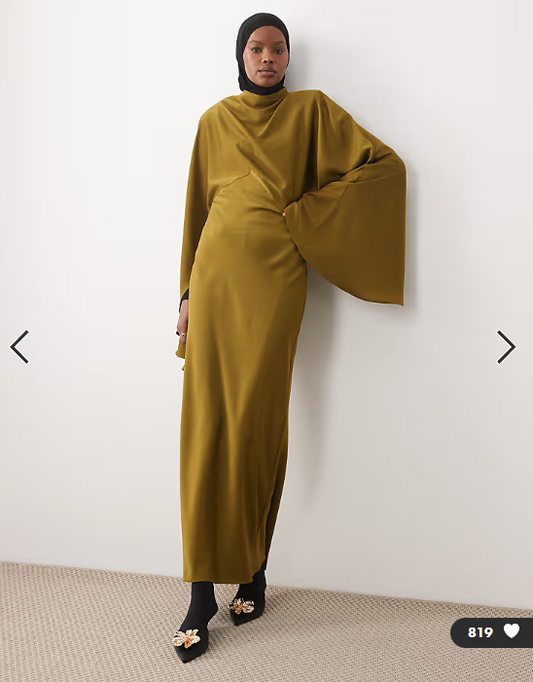 ASOS DESIGN funnel neck satin maxi dress with exaggerated sleeves in olive green