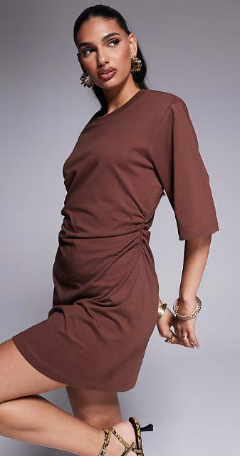 ASOS DESIGN cinched t-shirt mini dress with shoulder pads in brown