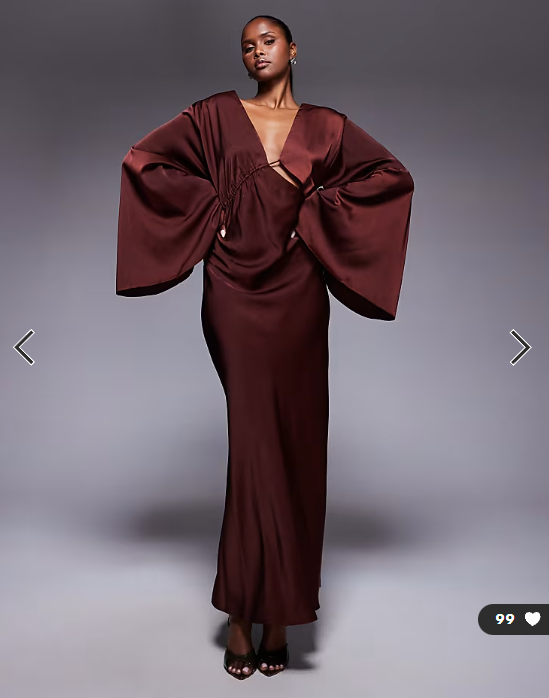 ASOS DESIGN satin asymmetric neckline long sleeve maxi dress with channel detail in chocolate