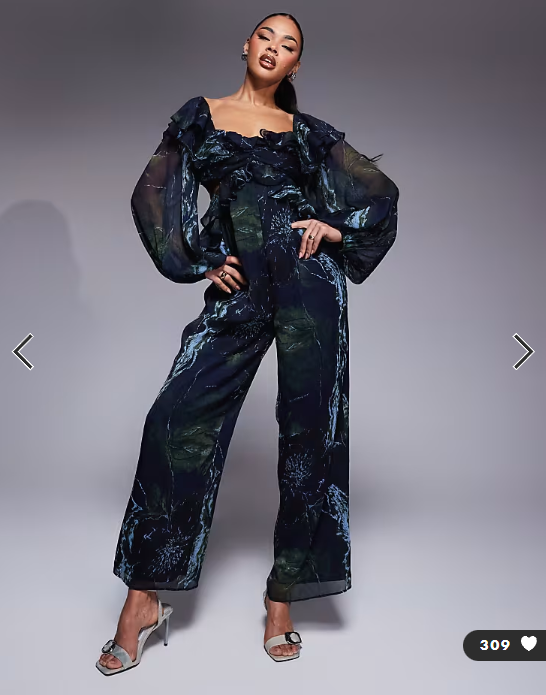 ASOS DESIGN long sleeve ruffle off shoulder jumpsuit in blurred floral print