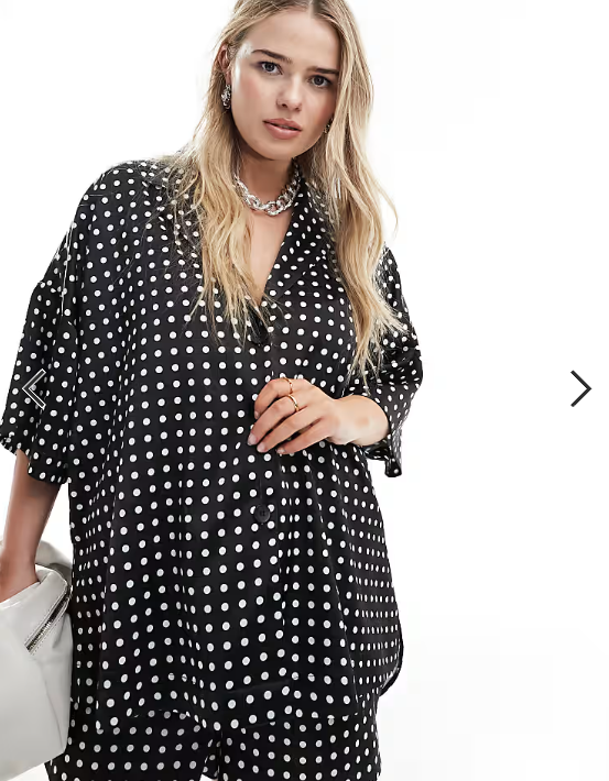 ASOS DESIGN Curve satin revere shirt in mono spot print co-ord