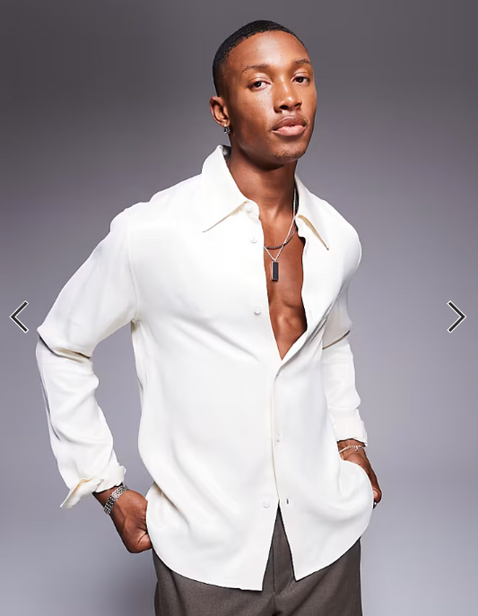 ASOS DESIGN slim fit shirt with 70s collar in cream satin