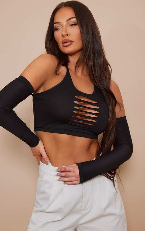Black Slash Front Halter Cold Shoulder Crop Top