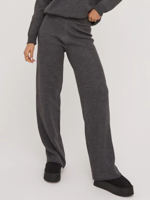 High Waist Wide Leg Joggers In Grey Knit