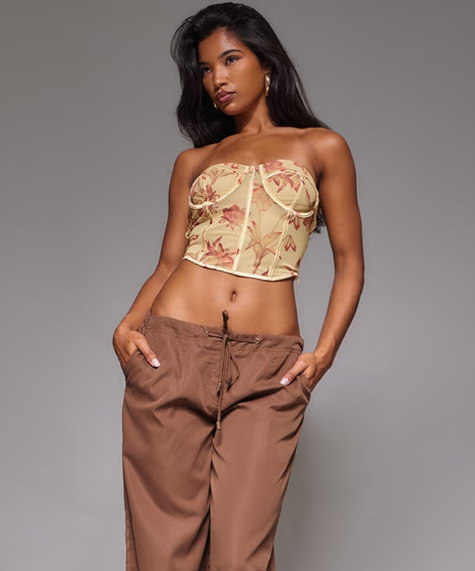Plt - Butter Cream Mesh Boned Printed Long Corset