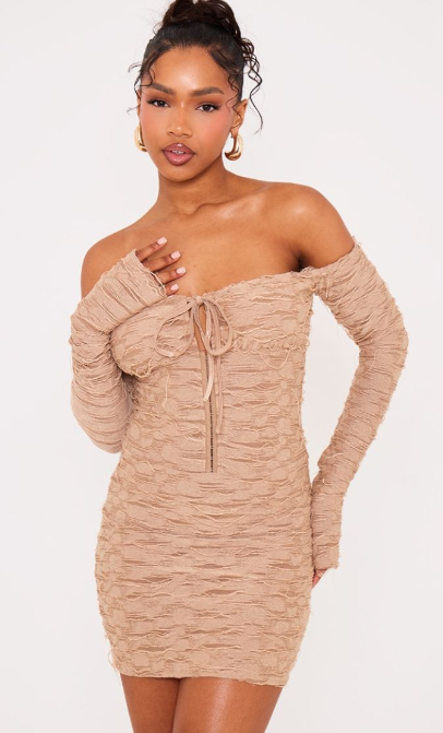 Plt - Beige Textured Bardot Long Sleeve Cup Detail Tie Front Mini Dress