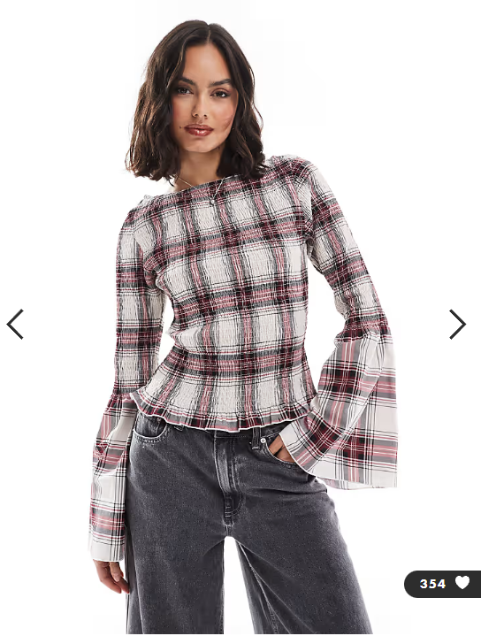 ASOS DESIGN poplin shirred angel sleeve top in red check