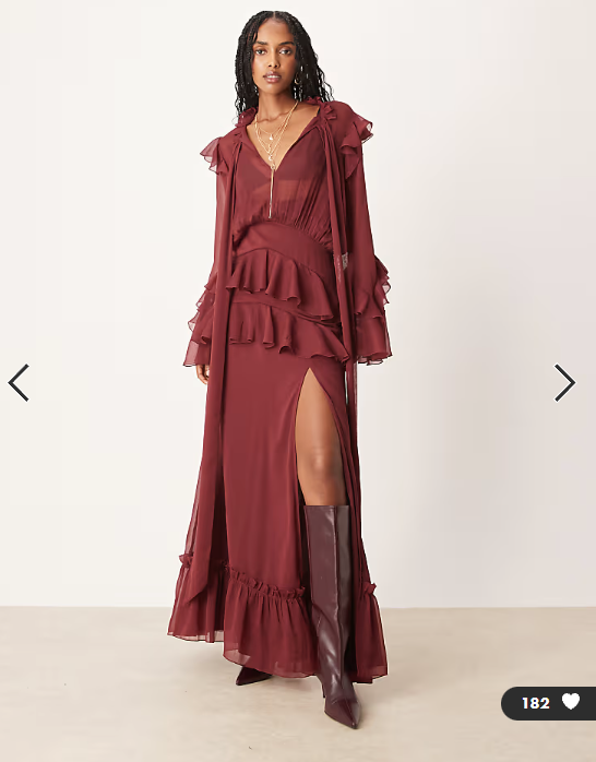 ASOS DESIGN long sleeve ruffle maxi dress in Burgundy