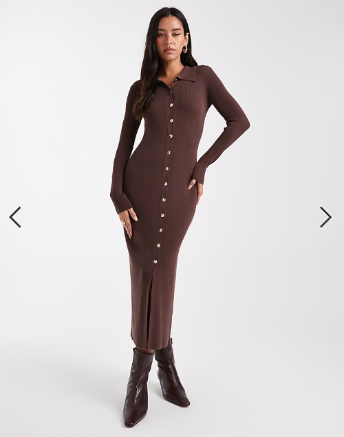 4th & Reckless ribbed knit gold button through collared maxi dress in chocolate