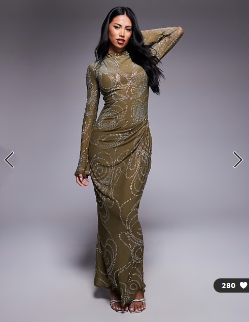ASOS DESIGN embellished artwork hotfix long sleeve maxi dress with ruched skirt in dark olive green