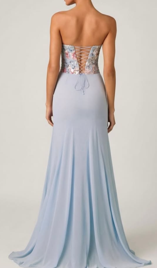 OhPolly-Embellished Corset Fishtail Gown in Floral Blue